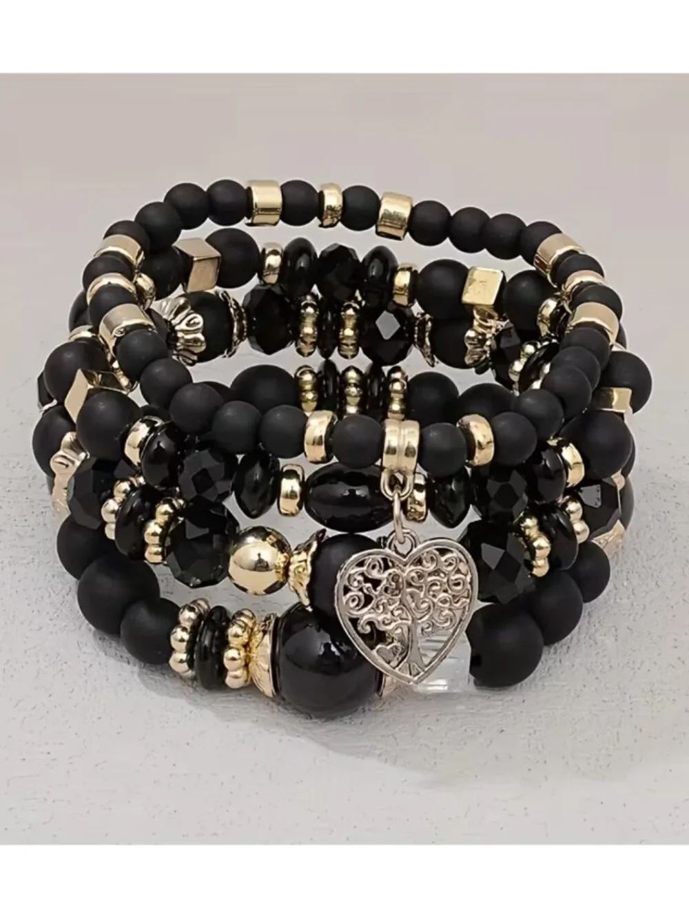 NWT Boho Black Beaded Stackable Stretch Bracelet Set Heart Charm 4Pc
